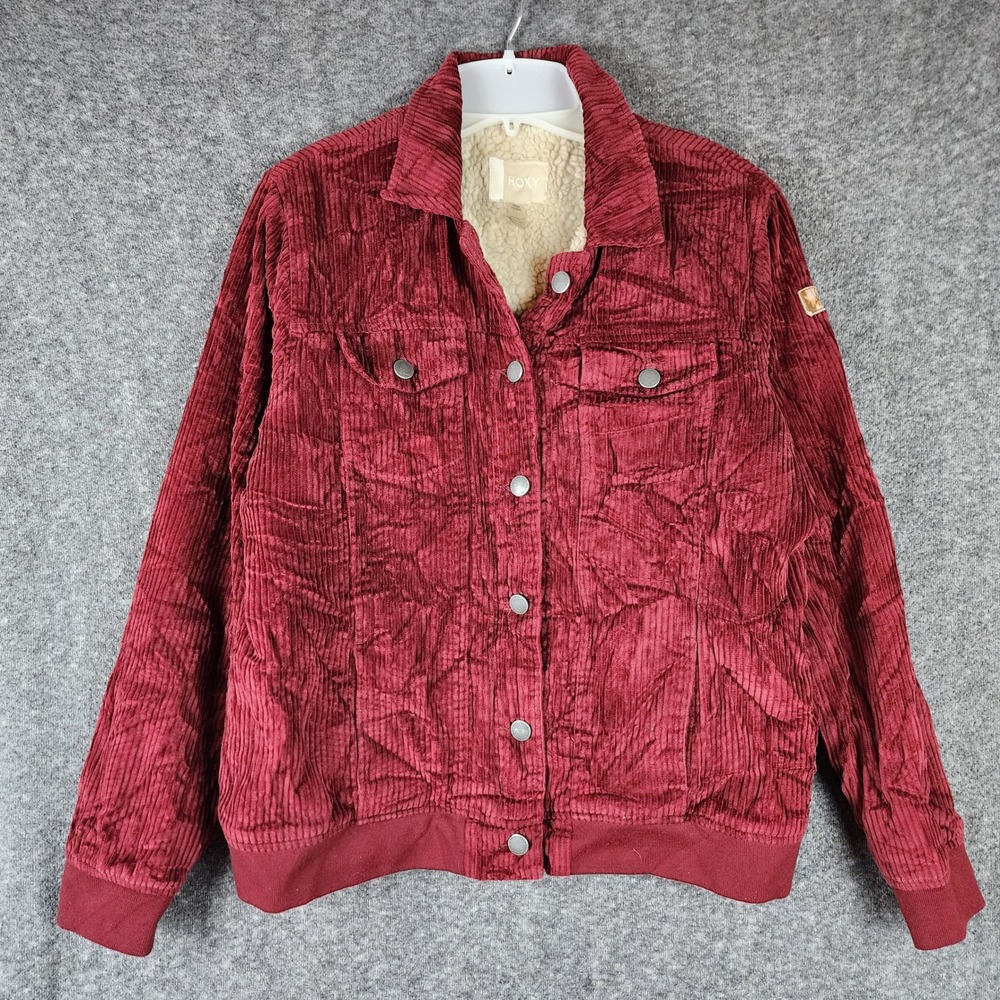 Roxy Jacket Womens M Burgundy Corduroy Sherpa Lined Trucker Button Front EUC